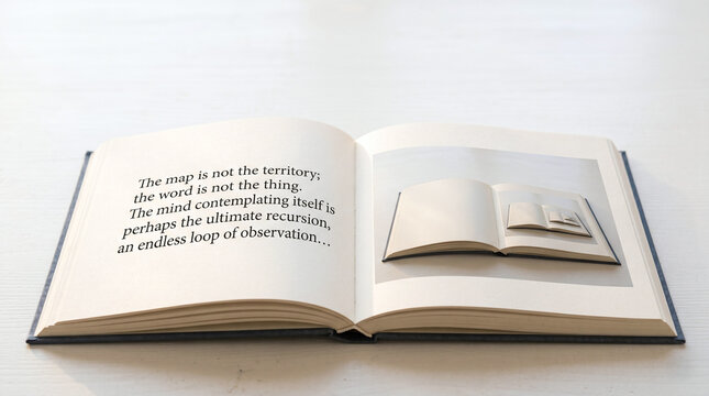 Open Book with Recursive Pages and Philosophical Text
