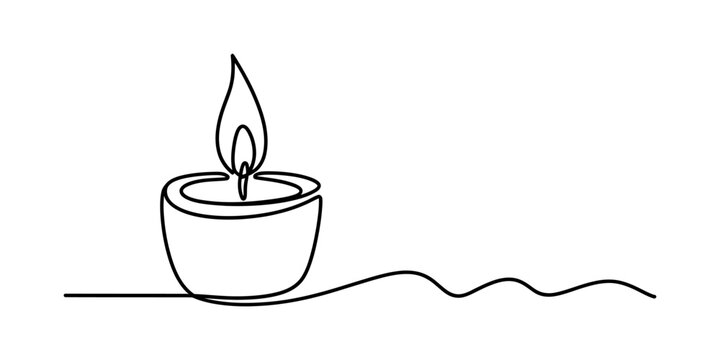 Continuous single line drawing of a burning candle with a small flame flickering in a simple minimalist style for spiritual and relaxation concepts Vector, illustration