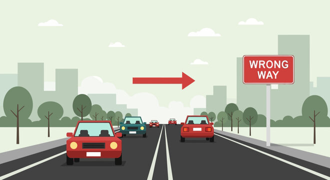 Cars driving opposite direction illustration, wrong way sign on road