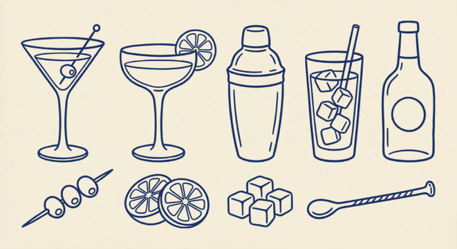 Vintage cocktail bar icons set, minimalist line art mixology elements, 9 vector illustrations of drinks and barware for menu design