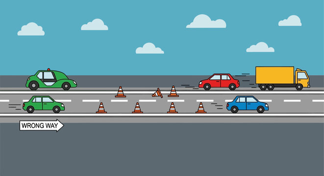 Road Safety Scene: Cars, Traffic Cones, and Wrong Way Symbol