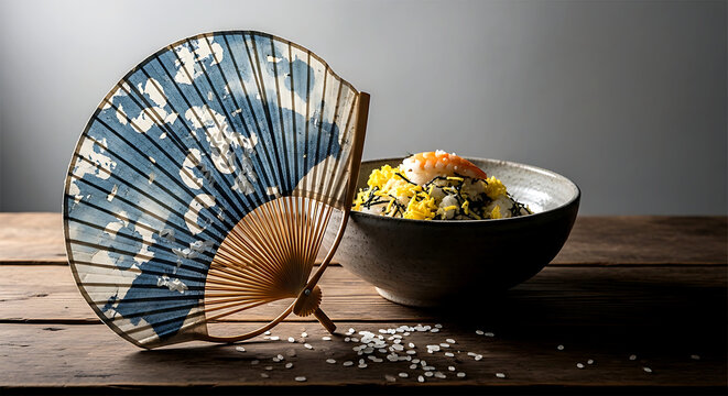 Wabi-sabi, a unfurled uchiwa (round fan) with a faded indigo pattern, leaning against a stoneware bowl of scattered chirashi sushi, a few grains of rice on the fan's paper surface
