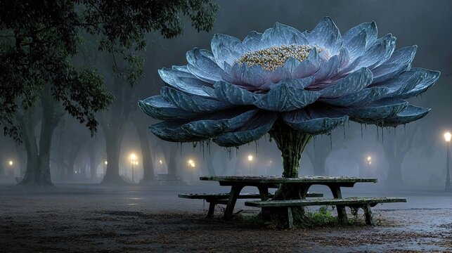 Giant Blue Lotus Flower in Foggy Night Park. Generative AI