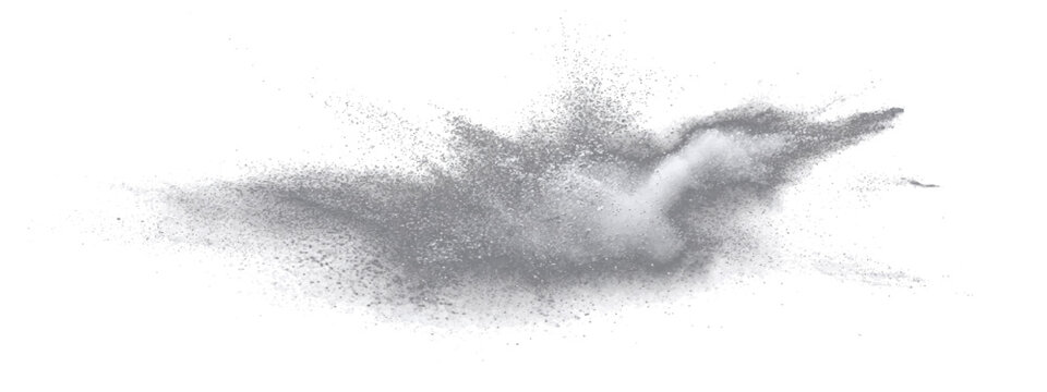 Explosive burst grey powder particles dispersed dynamic abstract form, suggesting impact or release of fine particulate matter.