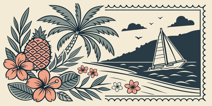 Tropical island scene with sailboat and pineapple palm tree tropical sailboat pineapple vacation