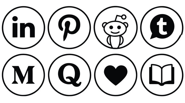 Social media logo icons. LinkedIn, Pinterest, Reddit, Tumblr, Medium, Quora, heart & book. Flat set.