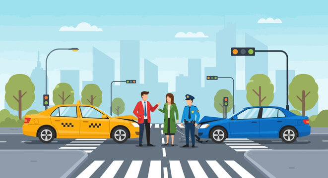 Traffic accident on the road with cars, people and traffic lights