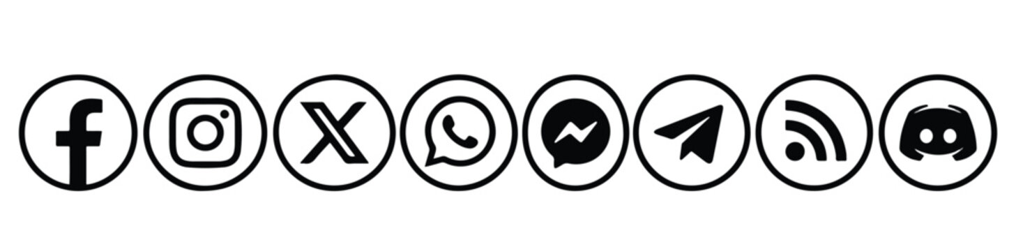 Social media logo icons set. Facebook, Instagram, X, WhatsApp, Messenger, Telegram, RSS, Discord.