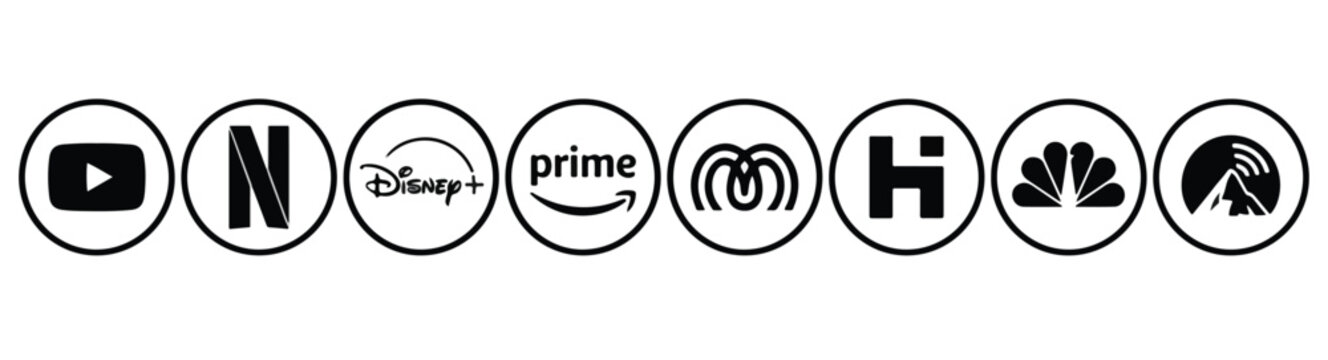 Streaming media service logo icons. Netflix, YouTube, Disney+, Prime, MGM, NBC & Paramount+ icons.
