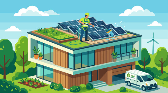 Male Technician Cleaning Solar Panels on Eco Friendly Green Roof House with Service Van Vector Illustration