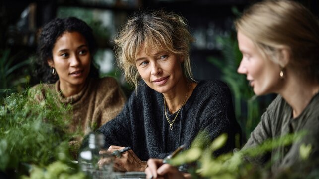 Women Collaborating in Plant Filled Creative Workspace. Generative AI