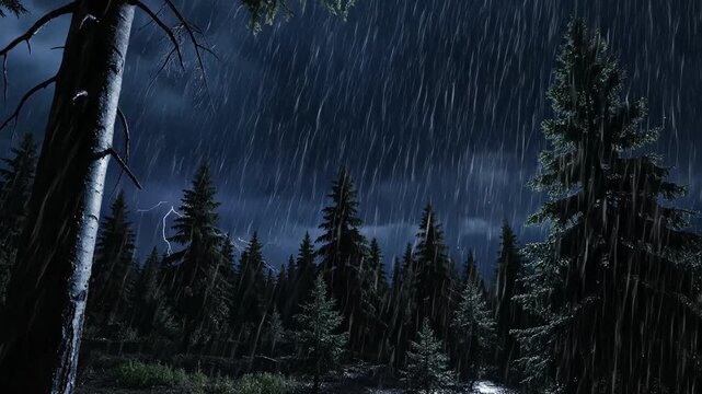 Lightning storm in forest at night highlighting environmental sustainability and natural beauty