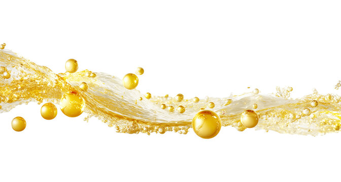 Golden splashes of oil or serum, flying transparent drops on a white background.