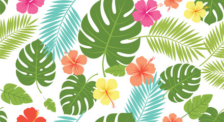 Naklejka premium Vibrant seamless pattern of various green tropical leaves and colorful hibiscus flowers in pink, yellow, and orange on white.