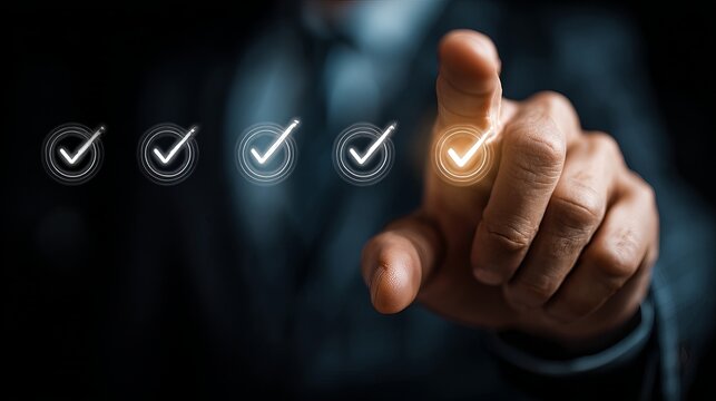 A businessman in a suit interacts with a digital interface with glowing checkmarks