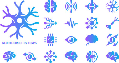 Fototapeta premium Collection of neural network and brain circuitry forms icons with gradient purple and blue colors.