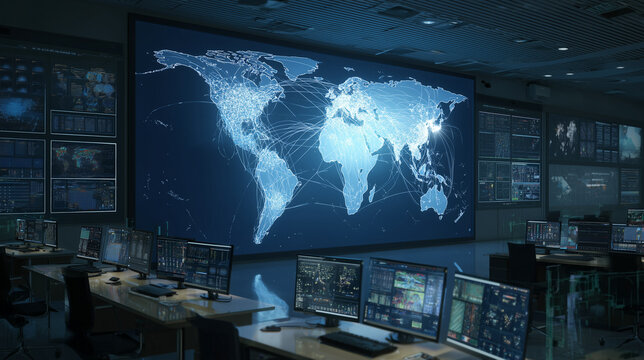 Dimly lit cybersecurity operations center with a large luminous world map and rows of analyst workstations