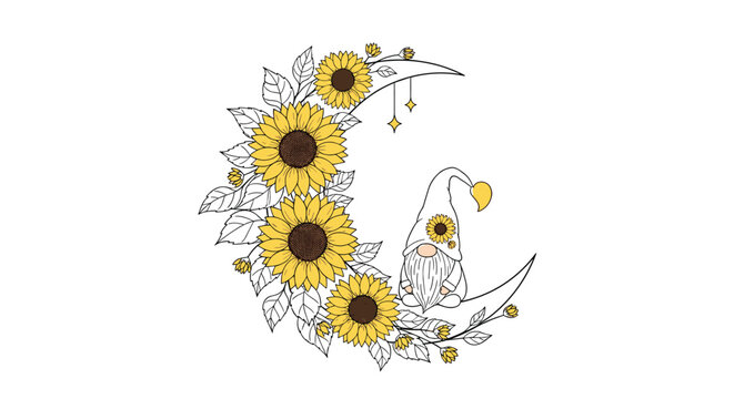 Whimsical gnome sitting on a large crescent moon decorated with many bright yellow sunflowers and green leaves.