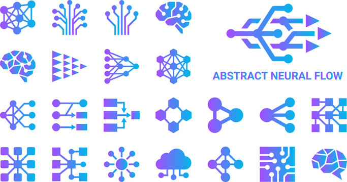 Abstract neural flow icons collection with gradient purple and blue colors.