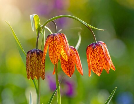 Orange fritillaria flowers in sunlight against a blurry green background