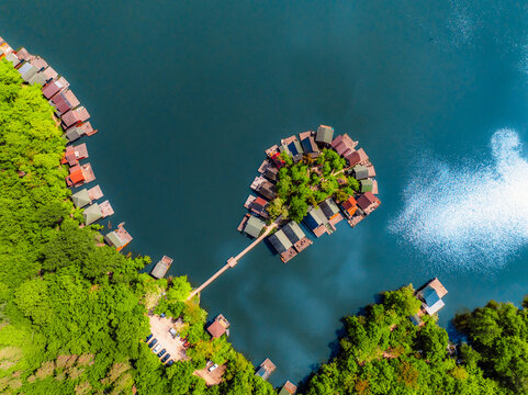 Floating village tata in Hungary. Houses belong to local fishermen. aerial