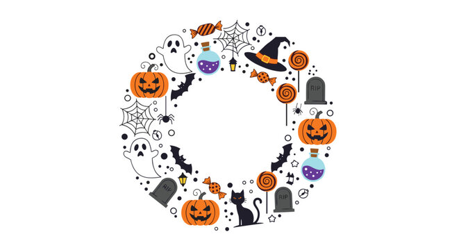 Halloween icons arranged in a circular frame featuring pumpkins ghosts bats witch hat and candy elements on white background.