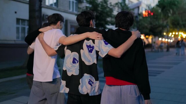 Close up back view of four teenage boys walking arm in arm at twilight.