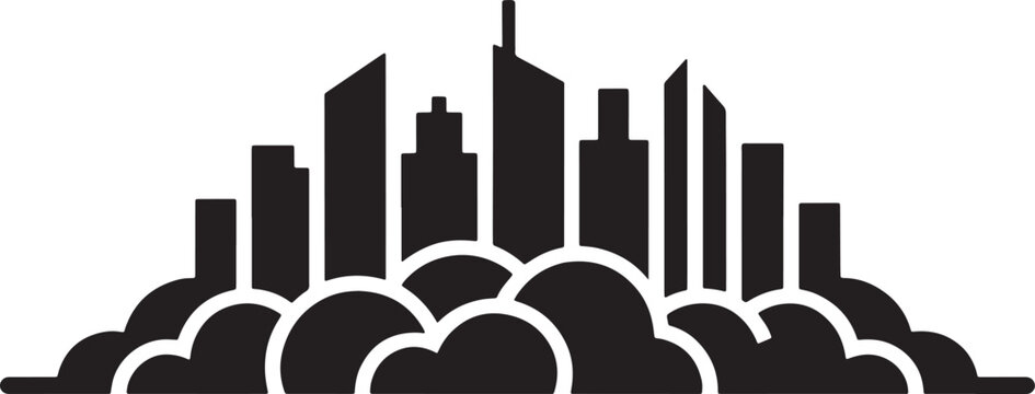 Modern city skyline architecture icons set in solid style on white background in outline style