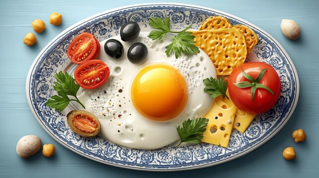 A delicious breakfast plate with a fried egg, tomatoes, cheese, and crackers on a blue table