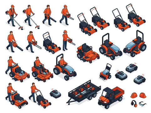 Isometric Landscaping and Lawn Care Equipment Set: Professional Gardeners, Mowers, Trimmers, and Maintenance Tools for Residential and Commercial Gardening