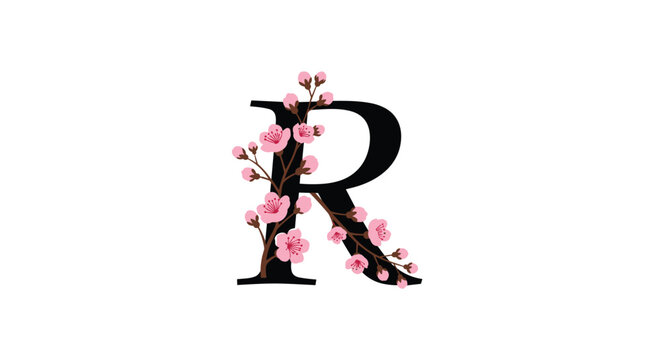 Elegant black letter R is decorated with a branch of pink cherry blossoms or sakura flowers for a sophisticated monogram.
