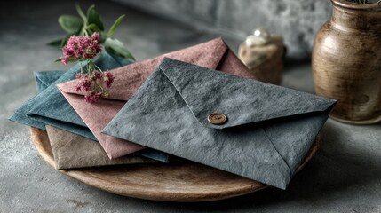 Handmade Textured Paper Envelopes with Flowers on Rustic Wooden Tray. Generative AI