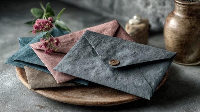 Handmade Textured Paper Envelopes with Flowers on Rustic Wooden Tray. Generative AI