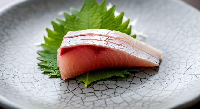 Wabi-sabi aesthetic. a single, translucent slice of raw amberjack (kampachi) sashimi, its delicate marbling and soft pink hue visible, draped over a shiso leaf 