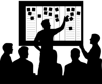 Silhouette Illustration of a Team Meeting with a Presenter Using a Planning Board and Sticky Notes