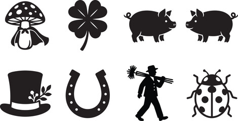 Set of good luck charms and symbols black silhouette vector illustration with icon set four leaf clover collection silhouette mushroom © manosh