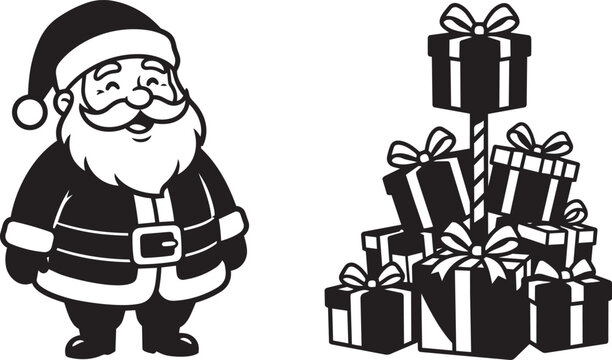 Happy santa claus with beard and mustache next to stack of holiday present boxes saint nick father christmas black and white christmas