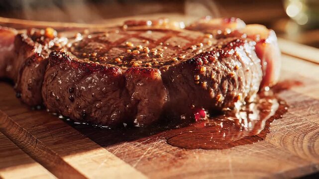 Freshly Grilled Beef Steak Steaming on Wooden Board
