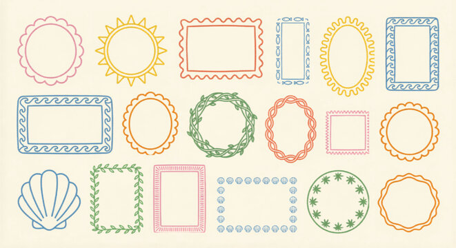 Hand drawn doodle frames set, 17 colorful sketch border elements with seashell icon, decorative pastel line art frames for scrapbooking and invitations