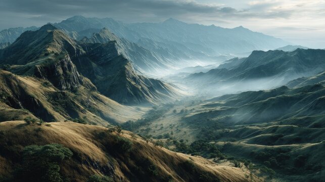 Misty Mountain Valley Panorama with Rugged Green Peaks. Generative AI