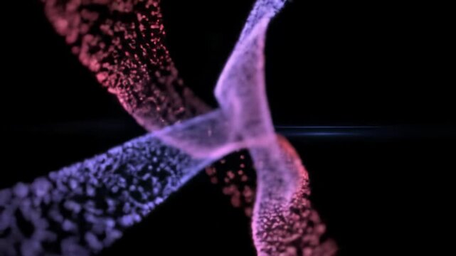 Luminous, plasma-like red and deep sapphire-blue particles fluidly intertwine in a matte black void, enhanced by dolly movement and bokeh. Bioluminescent energy flow concept