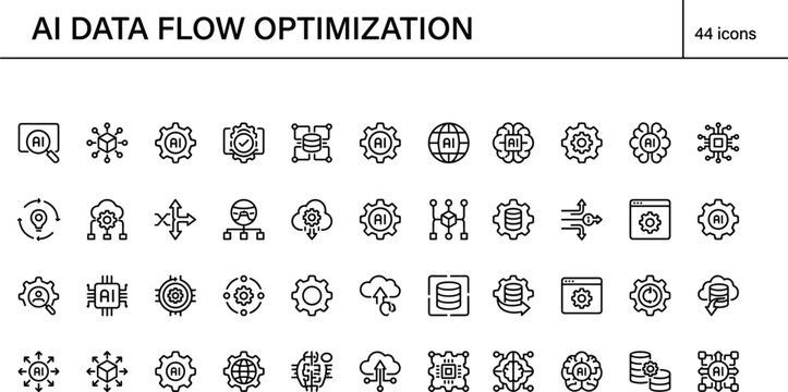 AI data flow optimization icons set with machine learning systems, performance monitoring, and intelligent technology interface design elements