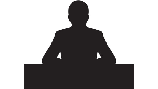 Silhouette of a male news anchor or presenter sitting behind a corporate studio desk