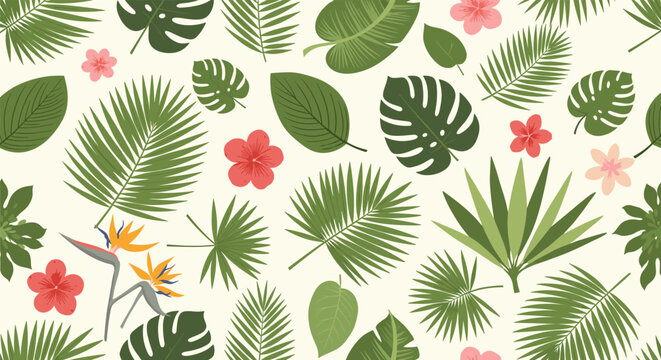 Vibrant seamless pattern with exotic tropical leaves and bright pink hibiscus flowers for a lush jungle or summer vacation theme.