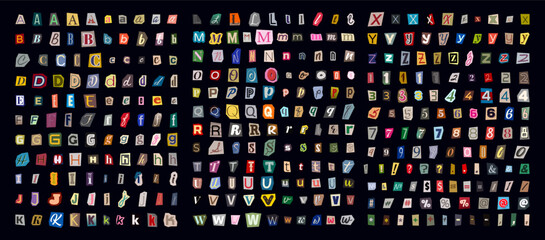 Plakat Mega set of cut out magazine alphabet collage font with colorful letters, letters and numbers in retro Y2K style, paper scrapbook typography set. Cartoon blackmail ransom kidnapper anonymous Font.