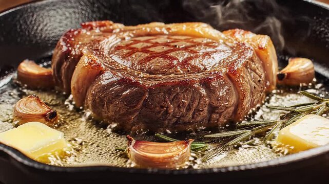 Juicy Ribeye Steak Sizzling in Skillet with Butter and Garlic