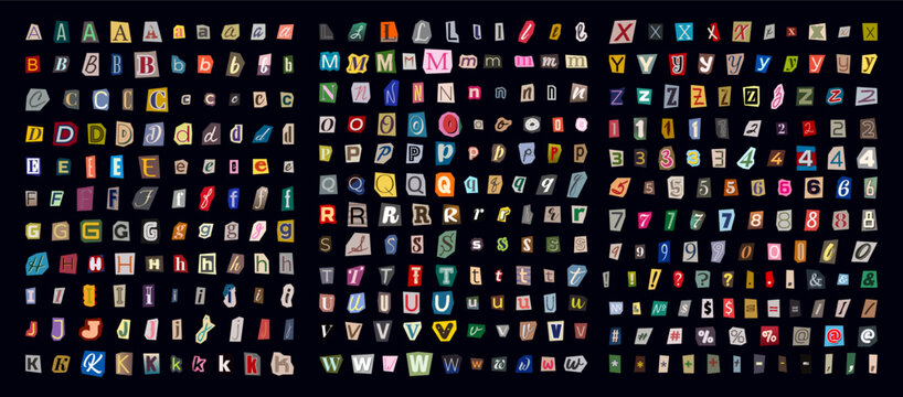 Mega set of cut out magazine alphabet collage font with colorful letters, letters and numbers in retro Y2K style, paper scrapbook typography set. Cartoon blackmail ransom kidnapper anonymous Font.