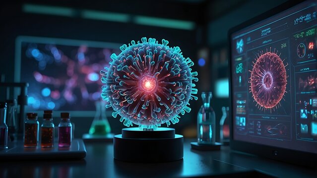 Microscopic Virus Cell Model Glowing in Futuristic Scientific Laboratory with Medical Research Data Screens Chemical Flasks and High Tech Biotech Equipment