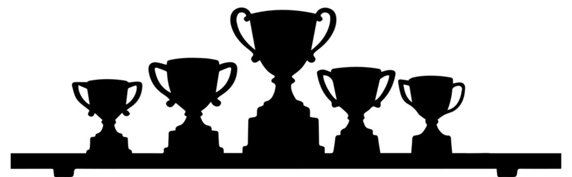 Silhouettes of Achievement Trophies and Winning Awards Arranged on a Shelf Vector Illustration
