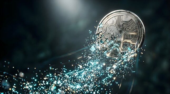 Digital metal coin disintegrating into light particles on dark background